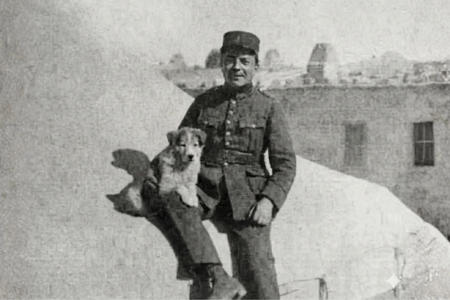 A French soldier with an Aidi dog puppy from Midelt, Morocco