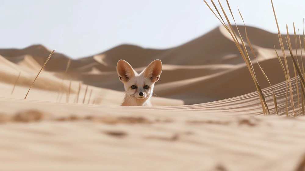 a fennec fox peeking out from behind a sand dune in the desert