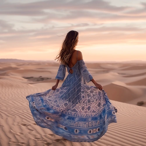 a woman standing in a desert at sunset